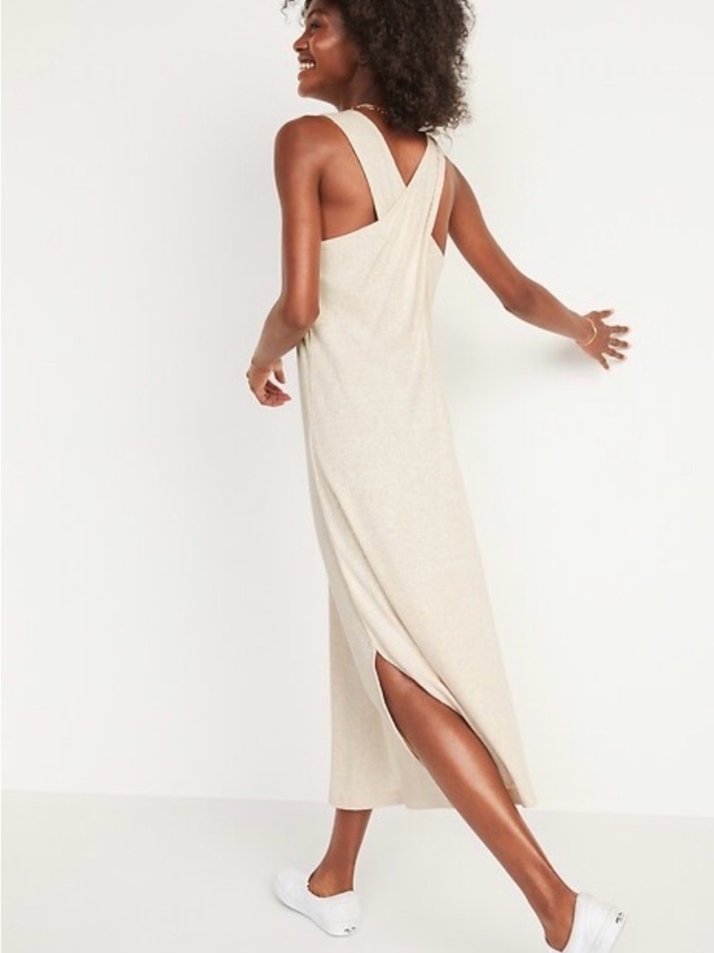 Old Navy Sleeveless Ribbed Midi Dress in Light Beige- XS